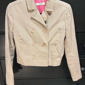 Liz Claiborne Beige Double-Breasted Cropped Pea Coat with Pink Lining